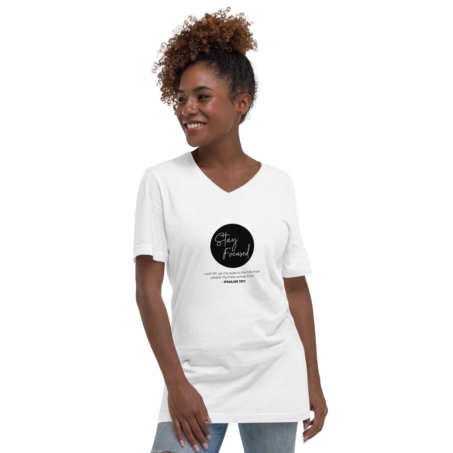 Stay Focused 2 Psalms 121:1: Unisex Short Sleeve V-Neck T-Shirt