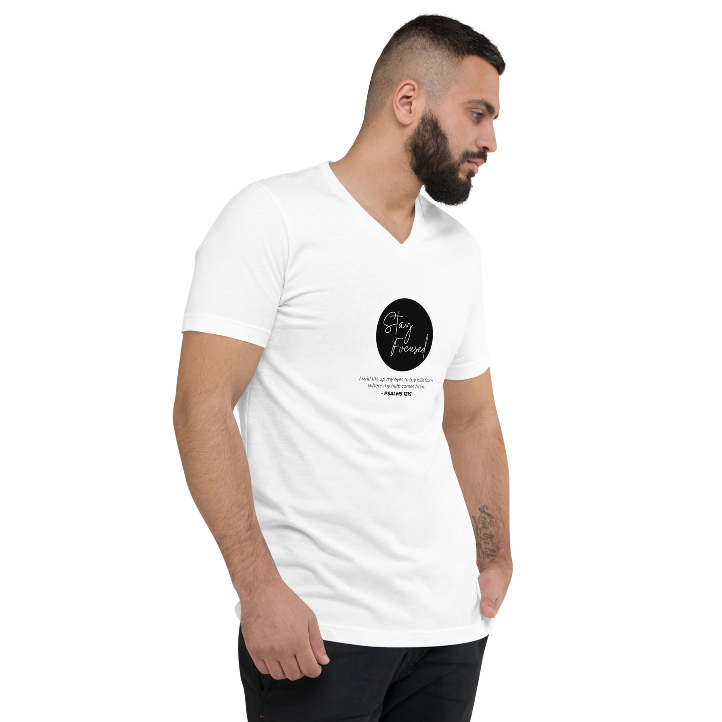 Stay Focused 2 Psalms 121:1: Unisex Short Sleeve V-Neck T-Shirt
